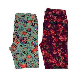 LuLaRoe Set (2) of Leggings Size TC Tall & Curvy Floral Flowers Purple Teal Pink